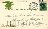 Ett svart/vitt vykort till Kristina Andersson, Strawberry Hill ave., Stamford, Con. C/o Mrs Raymond. Från Sara kortet är stämplat i Morristown 6/8 1904.