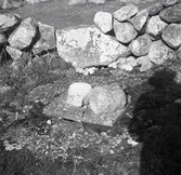 Källa inhägnad av stenmur.