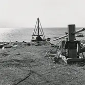 Spel och ryssja i förgrunden, samt en pråm och bryggor.