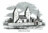 Teckning av gamla Alböke kyrka.