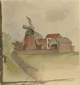 Kvarn vid nuvarande Gasverksgatan 1893. Stugan till vänster om kvarnen står kvar ännu 1932.
Efter en akvarell av skolyngling J. Söderberg 1893. Kopia av Edvin Lindholm 1932.