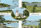 Kolorerat vykort med fem bilder; i centrum i en oval bild på Loftahammars kyrka och därutöver bilder som präglas av ortens och socknens läge, med fritidsbåtar, skärgårdsmotiv och - troligen - en bilfärja.