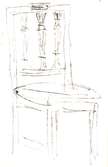 Skiss av en sengustaviansk stol med snidade ryggspjälor, Fyrkantiga räfflade ben och med Stockholms stolmakareämbetes pappersstämpel.