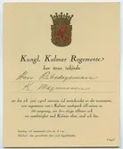 Inbjudningskort från Kungliga Kalmar Regemente till riksdagsman K. Magnusson inför avtäckningen av monumentet i Stadsparken den 23 juni 1923.