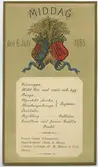 Kunglig middag den 6 juli 1885. Grönsoppa. Kokt gös med smör och ägg. Tunga. Ugnstekt skinka/ Hamburgerbringa Legümer. Crüstader. Kyckling - Sallader. Smultron med frusen grädde [glass]. Frukt.
Pontet Canet (Chaigneau). Marcobrunner (Nain & Maas). Cabinet Crémant (G. H. Mumm & C:o). Sherry.
