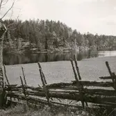 Landskap i Hjorted. En sjö och en gärdsgård i förgrunden.