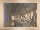Åfors glasbruk 1922. Gravyrverkstad och sliperi. I mitten av bilden möjligen Gunnar Lange, far till hyttmästare Bertil Langevi.