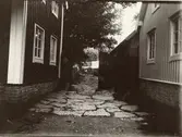 En stenlagd bygata vid bostadshus i Södra Sandby.