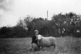 Heljesgården, Bolum.
Elsa Eriksson med ett får (en tacka) utanför Heljesgården 1940-talet.
Fotograferad av Prins Wilhelm.