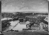 Utsikt från Heliga Trefaldighet kyrkas torn. Målning från 1800-talet.
I bakgrunden, något till höger, syns bland annat värdshuset Carlsborg. Mitt i bilden badhuset Najaden. Nere till höger Grapes sjukhem.
