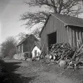 En stuga, vedbod och ved i Björnö by.