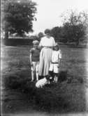 I Komministergårdens trädgård. Karin Larssons syster Emmy Milton med sina två barn Hans och Greta samt hunden Lord.