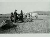 Betesmark/ängsmark. Åkerbruk. Tre män och en kvinna står samlade vid en häst med vagn ute på  åkern.