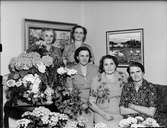 Fem kvinnor i bostadsmiljö omgiven av blommor, Östhammar, Uppland
