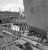 Den 27 augusti 1953. Gävle Varv. Sjösättning av båten M/S Lombardia

