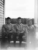 Alf, Roland och Ingemar Liljefors sitter på bänken på veranda, sannolikt i Sverige