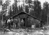 För bränslekommissionen 1917, skogsarbetare utanför kojan, Arvid Springfelt, Edvin Persson, Olov Olsson, Johan Persson