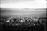 Mmilitärer och kvinnor vid dukade kaffebord utomhus. I bakgrunden vidsträckta åkrar, troligen Grimeton där Kloar-Erik vaktade radiomasterna under beredskapen 1941.