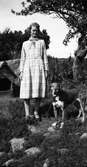 En flicka i rutig klänning med rosett står bredvid en hund som är kedjad till hundkojan i bakgrunden.