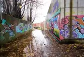 Graffiti på pappersbruket Papyrus fabriksområde i Forsåker, Mölndal, den 4/11 2014. Fotodokumentationen gjordes under perioden mellan pappersbrukets avveckling och områdets nyexploatering. Området var under denna tid populärt bland ungdomar som ville uttrycka sig konstnärligt med graffiti.