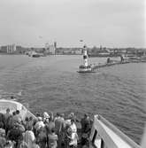 Statens Järnvägar, SJ, tågfärjeleden Trelleborg- Sassnitz 50 år. M/S Trelleborg lämnar Trelleborg för avresa mot Sassnitz