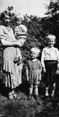 En kvinna i blommig volangklänning med tre pojkar i trädgården. Medan byxorna på gossen till höger bärs upp av ett skärp har kortbyxorna på grabben i mitten helt sonika fästs med knappar i skjortan.