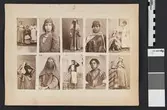 Montage av tio porträtt i visitkortsformat, unga kvinnor, flickor och pojkar i dräkter från Afrika/Mellanöstern. Nm inv.nr 139581:14