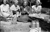 Fyra lingonplockande flickor, Dalas Iris, Elsa, Smens Anna och Annie, har kaffepaus med ost- och korvmackor på en bergknalle i skogen. Runt dem står mjölkkannor och väskor.
(Se en äldre Annie på bild EA0714)