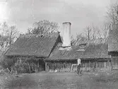 Högloftsstuga, ryggåsstuga med två loft, Tivoliparken, Halmstad. Fönster i det gamla rökhålet. En man går på gårdsplan.