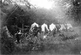 Gruppbild med ett 40-tal män i uniform, tillhörande Skarpskyttekåren, som slagit läger under pågående skarpskytteövning i Brunnsparken. Männen sitter och står på gräset framför uppslagna tält.