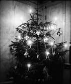 En enkel julgran står med tända stearinljus i ett hörn av stugan. Den är klädd med flätade glanspapperskorgar, smällkarameller, tunn glittergirland, flaggor och ett fåtal julkgranskulor, bl a klockor.