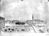 Akvarell år 1872. Sammanbindningsbanan.Riddarholmsbron på sträckan mellan  Stockholm C/Tegelbacken och Riddarholmen.