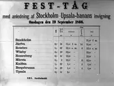 Tidtabell, invigningståg Stockholm - Uppsala.