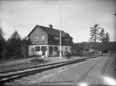 Stationen Bergslagernas Järnvägar, BJ. Trafikplats anlagd 1879. Tvåvånings stationshus i sten och trä