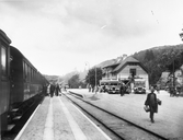 Statens Järnvägar, SJ bussar och lastbilar vid Dingle järnvägsstation. Järnvägsstationen uppfördes av SJ 1905. På spåret syns ett ångloksdraget personvagnståg.