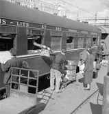 Vagn med text Wagons lits et des grands express europeens.
Resande med Nordexpressen.