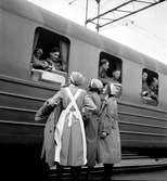 Krigsfångeutväxling i Trelleborg. Sjukvårdare pratar med män på tåget.