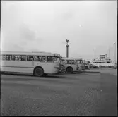 Helsingborg. Utsikt från Kärnan, Busstorget. Scania Vabis BF 63 2028 och Scania Vabis BF 63 2030. 2027 från samma serie finns bevarad på Sveriges Järnvägsmuseum.