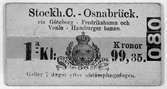 Utländska färdbiljetter, äldre typ. Stockholm C - Osnabrück via Göteborg - Fredrikshamn och Venlo - Hamburger banan.
1a kl: 99,35 kronor
Gäller 7 dagar efter afstämplingsdagen.
