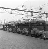 Bilar transporteras på järnvägsvagn.