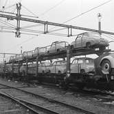 Bilar transporteras på järnvägsvagn.
