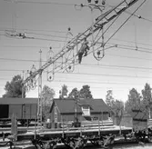 Målning av galgar på Hällnäs bangård. Sluten godsvagn littera G eller Grh i bakgrunden.