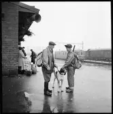 Två jägare med utrustning och jakthund på plattformen.