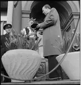 Alf Larsson som Nils Holgersson mottager en gåva från Turisttrafikförbundets ordförande.