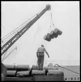 Lastning av tunnor i hamnen mellan Fartyget Flamingo och TGOJ-vagnar