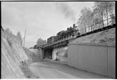 Godståg som passerar på en viadukt.