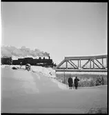 Ånglok passerar över bro.