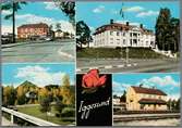 Collage från Iggesund med folkets hus, brukskontor, herrgård och station i bild.