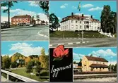 Collage från Iggesund med folkets hus, brukskontor, herrgård och station i bild.