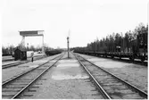 Del av bangården vid Arvidsjaur station. Stationen öppnad 1928 med en- och enhalvvånings stationshus i trä, sammanbyggt med godsmagasinet. Nu för tiden är den säsongstation.